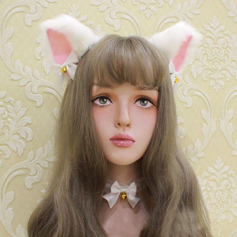 Fxaelian Animal Faux Fur Fox Cat Dog Ears Headband Halloween Cosplay Costume Party Headbands for Women Men Adult with Bell White - Image 4